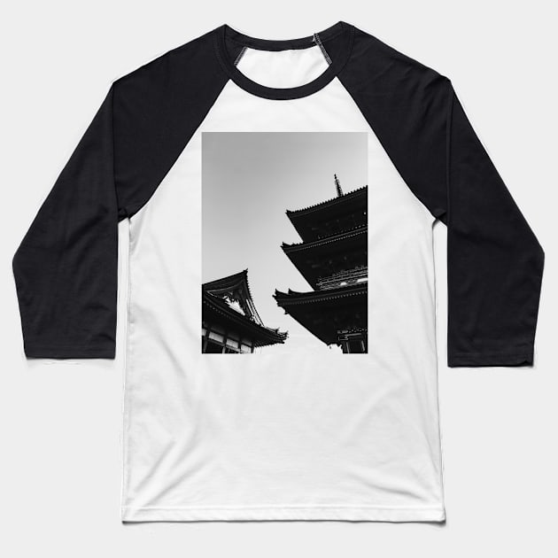 Roofs of Japanese Pagoda in Black and White Baseball T-Shirt by visualspectrum